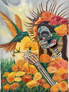 Mexican Catrina Portrait with Marigolds and Hummingbirds