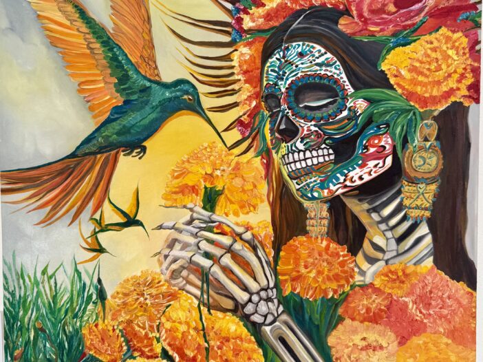 Mexican Catrina Portrait with Marigolds and Hummingbirds
