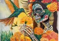 Mexican Catrina Portrait with Marigolds and Hummingbirds